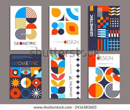 Modern abstract geometric pattern posters. Vector backgrounds, cover templates with , retro minimal geometry shapes, forms, lines in vibrant color for exhibit art, magazine, journal, album designs