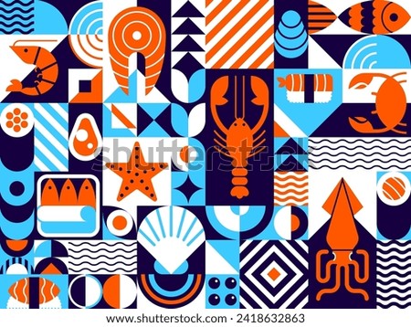 Abstract seafood modern geometric pattern, vector mosaic tile background. Sea food in geometric shapes pattern of fish for sushi, shrimp and salmon with crab and oyster, seafood squid and caviar