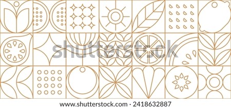 Fruit food in modern line geometric pattern or mosaic tile, vector background. Fruits pattern in thin line abstract geometry, outline apple, orange and lemon with fig and kiwi in geometric linear tile