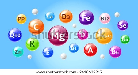 Supplement vitamins and minerals colorful 3d vector balls suspended midair. PP, Q10, C and K. Zn, E, Mg, Ca and D3, Fe, D, B1 and B12. A, Omega 3, Se, Na and B6 microelement capsules or glossy bubbles