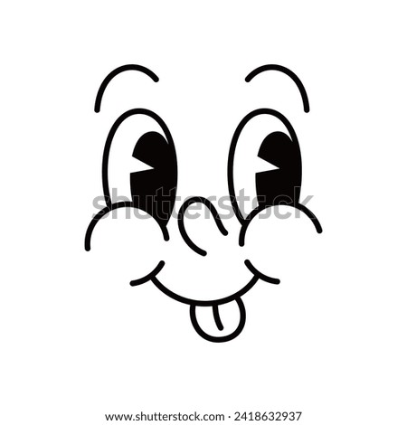 Cartoon funny comic groovy face emotion and retro cute emoji character with sticking tongue. Vector teasing smile emoticon, playful facial expression with goggle eyes express glad positive feelings