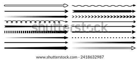 Straight long arrows set of vector horizontal pointers to the right. Isolated black thin, thick, wave and squiggle, dotted and dashed line arrows pointing to the right. Forward orientation pictograms