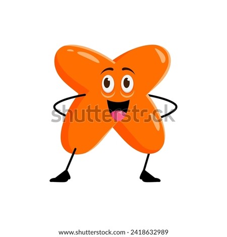 Cartoon math number character of cute orange multiplication symbol. Vector funny cross sign personage sticking tongue out with happy smiling face. Mathematics emoji, arithmetic operation emoticon