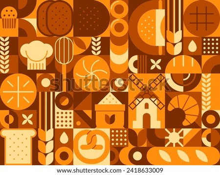 Wheat and bread abstract geometric pattern features clean lines, sharp angles and minimalist shapes of cereal or pastry production. Croissant, toast, bun and loaf, baguette, rye or cookie with pretzel