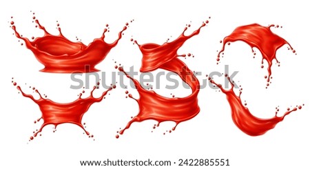 Tomato red juice or ketchup sauce splashes. Corona and swirl, tornado and wave flow vector 3d set of liquid food condiment, ketchup or tomato vegetable drink with realistic juicy drops and splatters