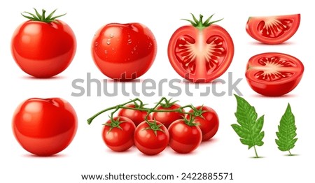 Raw realistic ripe red tomato, whole and slice, isolated cherry tomato vegetable, vector organic farm food. 3d bunch of fresh fruit with green leaves, veggie juice, sauce, salad or ketchup ingredients