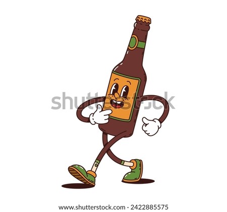 Cartoon beer bottle groovy character. Isolated vector funky psychedelic flask personage with vintage colors, groove eyes, and a wide grin, happily walking, radiating retro vibes and chilled-out charm