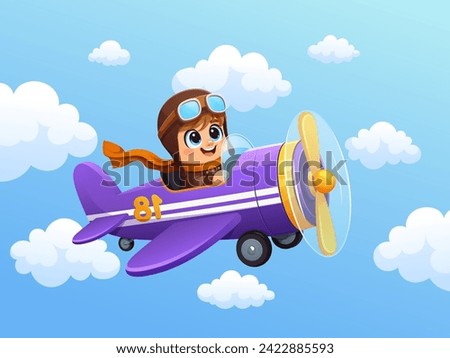 Kid flying on plane in sky clouds. Boy pilot on airplane. Cartoon vector smiling child aviator engage on aircraft travel. soaring through the cloudscape, filled with adventurous excitement and wonder