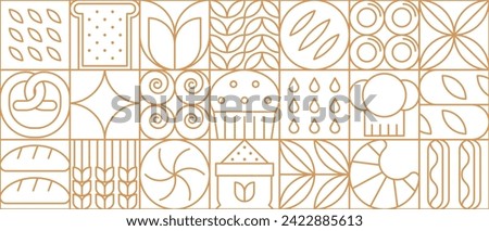 Abstract bakery and bread modern line geometric pattern. Vector background with outline toast, bun, muffin, pretzel and loaf, croissant, pastry and cereal or wheat ears inside of square mosaic blocks