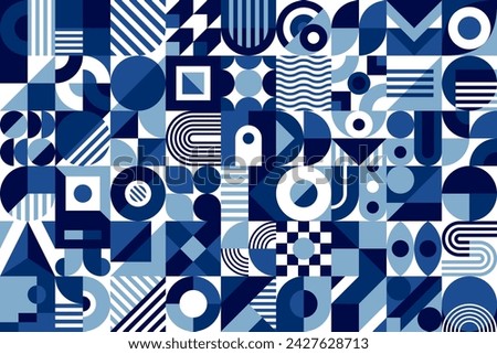 Abstract sea blue, white and azure geometric pattern vector background. Color squares, circles and triangles shapes mosaic composition of modern art, minimalist graphic background trendy tile