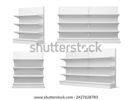 White retail shop product supermarket shelf and rack. Empty store showcase display stand vector 3d mockups of retail market, exhibition and warehouse equipment. Front view of metal cases with shelves