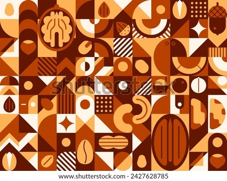 Nut and grain abstract geometric pattern. Vector background features walnut, acorn and pecan, almond, cashew, pistachio or hazelnut with coffee seeds. Contemporary minimalistic design in brown colors