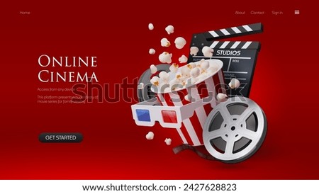 3D online cinema portal or landing page with vector realistic popcorn bucket, film reel, movie glasses and clapper board. Cinema web page with menu buttons for movie theater online tickets website