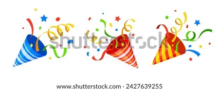 Birthday popper striped cone, holiday party firecracker with confetti and ribbon. Isolated cartoon vector vibrant shooter bursts of joy, releasing festive confetti to celebrate the special occasion