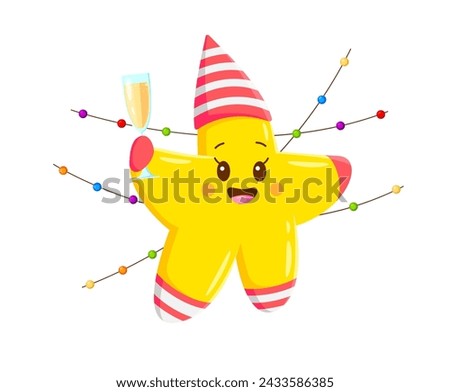 Cartoon kawaii star character celebrating a birthday party. Isolated vector yellow twinkle personage in party hat, beams with joy, surrounded by colorful garlands, holding wineglass with a wide smile