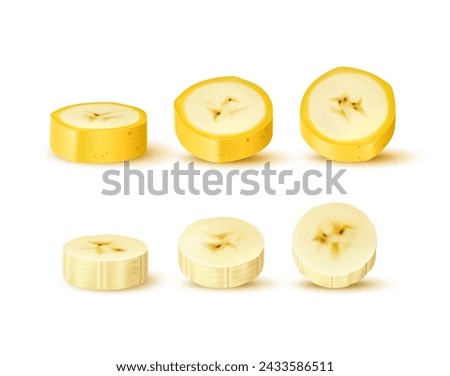 Realistic sliced banana fruit. Ripe peeled and unpeeled circular slices. Isolated 3d vector golden and irresistibly delicious circles of natural sweet and healthy snack, dessert of tropical plant