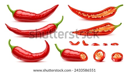 Realistic raw isolated whole and half chili pepper, slice and ring of hot vegetable spice, vector food seasoning. 3d ripe chili, cayenne or jalapeno peppers, mexican cuisine vegetable with seeds