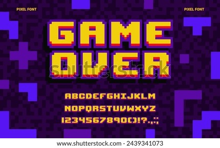 8-bit game pixel font, geometric type, abstract computer typeface, english alphabet. Retro game console font typeset, English ABC vector pixelated letters and digits or alphabet 8bit mosaic symbols