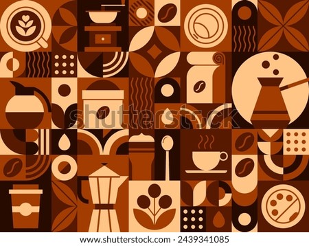 Hot coffee drink abstract geometric pattern. Geometrical shape composition, retro vector background or corporate identity abstract pattern with coffee bean, leaf, turkish jezve, takeaway paper cup