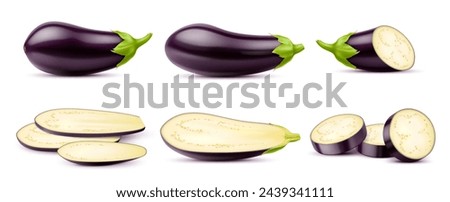 Realistic raw isolated eggplant. Whole, half, slice and ring vegetable. Vector 3d veggie food, fresh ripe eggplant, aubergine or brinjal vegetable with green stems, purple veggie slices with seeds