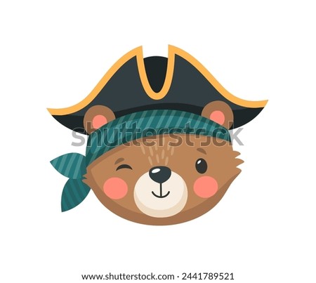 Cartoon cute bear pirate and corsair animal face. Sailor, captain, skipper and boatswain character donning bandana and tricorn hat winks eye with a playful smile. Isolated kawaii vector woodland rover