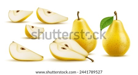 Raw realistic yellow pear fruit. Ripe whole, half, quarter and slice pear. Isolated 3d vector set of succulent fruits, showcasing its vibrant color, juicy texture, and delicious freshness