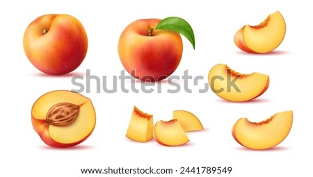 Realistic ripe peach fruit. Half, whole and slice juicy isolated fruit 3d vector set. Velvety, golden-orange plant with green leaf, sweet and delightful blend of tartness and sweetness, summer treat