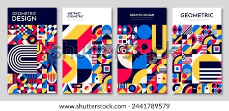 Abstract template posters with bauhaus geometric pattern. Modern vector backgrounds, covers with retro minimal geometry shapes, forms, lines in vibrant color for exhibit art, magazine, journal, album