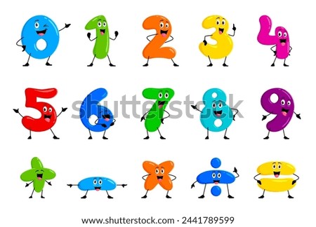 Cartoon math number characters and funny mathematics symbols vector personages. Cute color numbers and arithmetic signs with happy faces and smiles. Kids education math comic emoticons