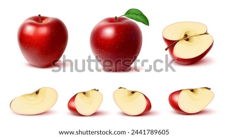 Realistic ripe red apple fruit. Whole, half and slice cut isolated fruit. 3d vector fresh, crisp sweet natural delight. Ruby-red wedges, healthy and delicious snack, bursting with flavor and juiciness