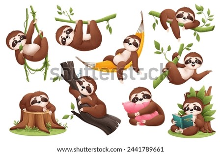 Cartoon cute lazy sloth animal characters sleeping, hanging and climbing on tree branches and rainforest lianas. Vector personages set of happy sloth animals eating, reading book, swinging on hammock