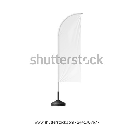 Realistic beach flag, white banner stand mockup. Isolated 3d vector portable, blank display on a lightweight pole. Feather or bowflag for outdoor advertising and events, brand identity and recognition