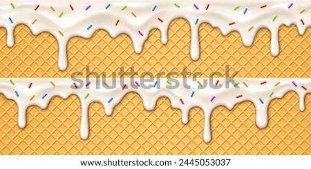 Realistic ice cream melting drip with candy sprinkles on wafer background. 3d vector molten syrup texture with drops on waffle cone. White sweet liquid splashes, glossy border with dripping droplets