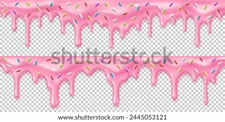 Realistic strawberry pink melting drip cream with candy sprinkles. 3d vector donut icing glaze, isolated candy melt border, cake liquid syrup flowing down. Sweet confectionery pouring down with drops