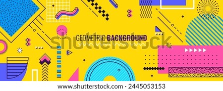 Abstract Memphis background, modern geometric banner. Vector template with retro minimal geometry shapes, patterns, forms, lines in vibrant colors for exhibit art, magazine, journal, album designs