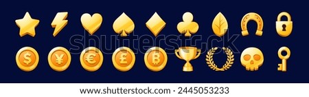 Golden icons game asset. Vector set of gold star, lightning bolt, heart, diamond, club and spade card suits. Lucky horseshoe, padlock and currency coins of dollar, yen, euro, pound and bitcoin or cup