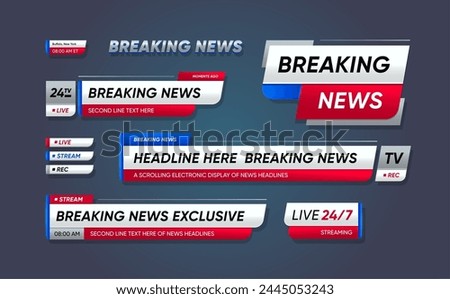 Breaking news, lower third header banners. Vector tv header bars, headlines display essential information on television broadcast. Video titles of blue, red and white colors. Isolated strips with text