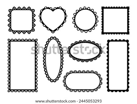 Scallop lace edge frames and borders, frill ribbons with fabric ornament pattern. Vector scalloped round, oval, square, heart and rectangular shapes with black elegant curves boast vintage intricacy