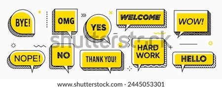 Yellow Memphis speech bubbles isolated vector set. Dialog chat clouds featuring bold lines and grunge typography font words. Bye, nope, omg, no, yes and thank you. Welcome, hard work, wow or hello