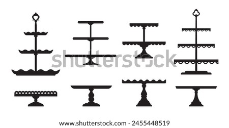 Wedding cake stands and platter trays or dessert plates and table tiers, vector silhouette icons. Wedding cake serving stand or pastry platters for restaurant food, bakery pies podium or level tray