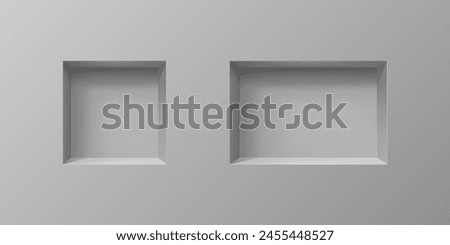 Grey wall 3D niches of box shelf and gallery display frames, vector empty bookshelf showcase. Niche shelves inside of gray wall, exhibition show racks or museum and boutique shop display background