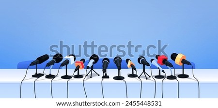 Press conference microphones on table. Cartoon vector background with professional equipment for interview, speech, mass media event, news, report, presentation, broadcasting, journalism or politics