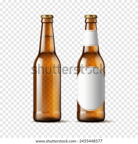 Realistic beer bottle, transparent brown glass bottle mockup with blank label. Isolated 3d vector flask with thin neck, metal lid and liquid within. Alcohol beverage, beer drink container mock up