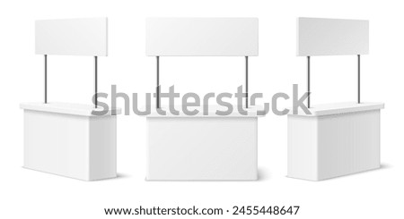 Advertising booth stand mockup. Isolated realistic 3d vector compact, attention-grabbing display designed to showcase products or services. White blank kiosk, counter desk, promo rack, table mock up