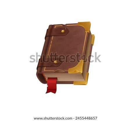 Game book, isolated cartoon vector witch diary, recipes or knowledge. Spell book bound in brown, old leather cover with golden decor and red sticking bookmark. Wizard or sorcerer grimoire, game book