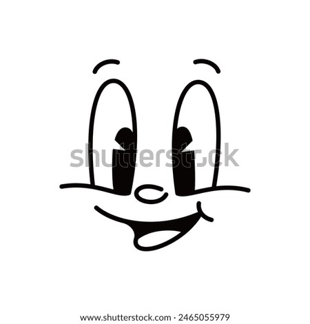 Cartoon comic groovy face emotion, funny retro cute emoji character with squinted eyes. Isolated vector personage spreading laughter, joy and positive vibes with wide smile and happy facial expression