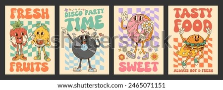 Groovy posters with retro cartoon characters of cute fruits, burger, donut and vintage vinyl record. Strawberry, lemon, cheeseburger, music record and donut vector personages on psychedelic background