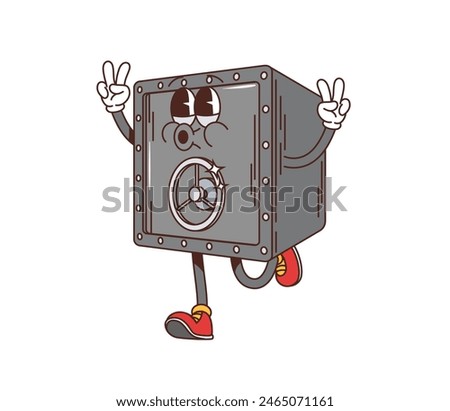 Retro groovy safe vault strongbox character. Isolated cartoon vector comic hippie y2k personage with red shoes, big eyes, a friendly face, flashing a peace sign and maintaining a quirky, happy pose