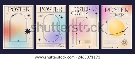 Aesthetic color gradient y2k posters. Abstract line shapes and frames on blurred pastel gradient vector background. Aesthetic aura planet with trendy minimalist art stars, orbits, sparkles and arches