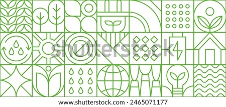 Environment nature abstract modern geometric pattern. Vector green eco-friendly grid ornament with environmental sustainability icons. Plants, trees, water droplets, recycling symbols, leaves, globe